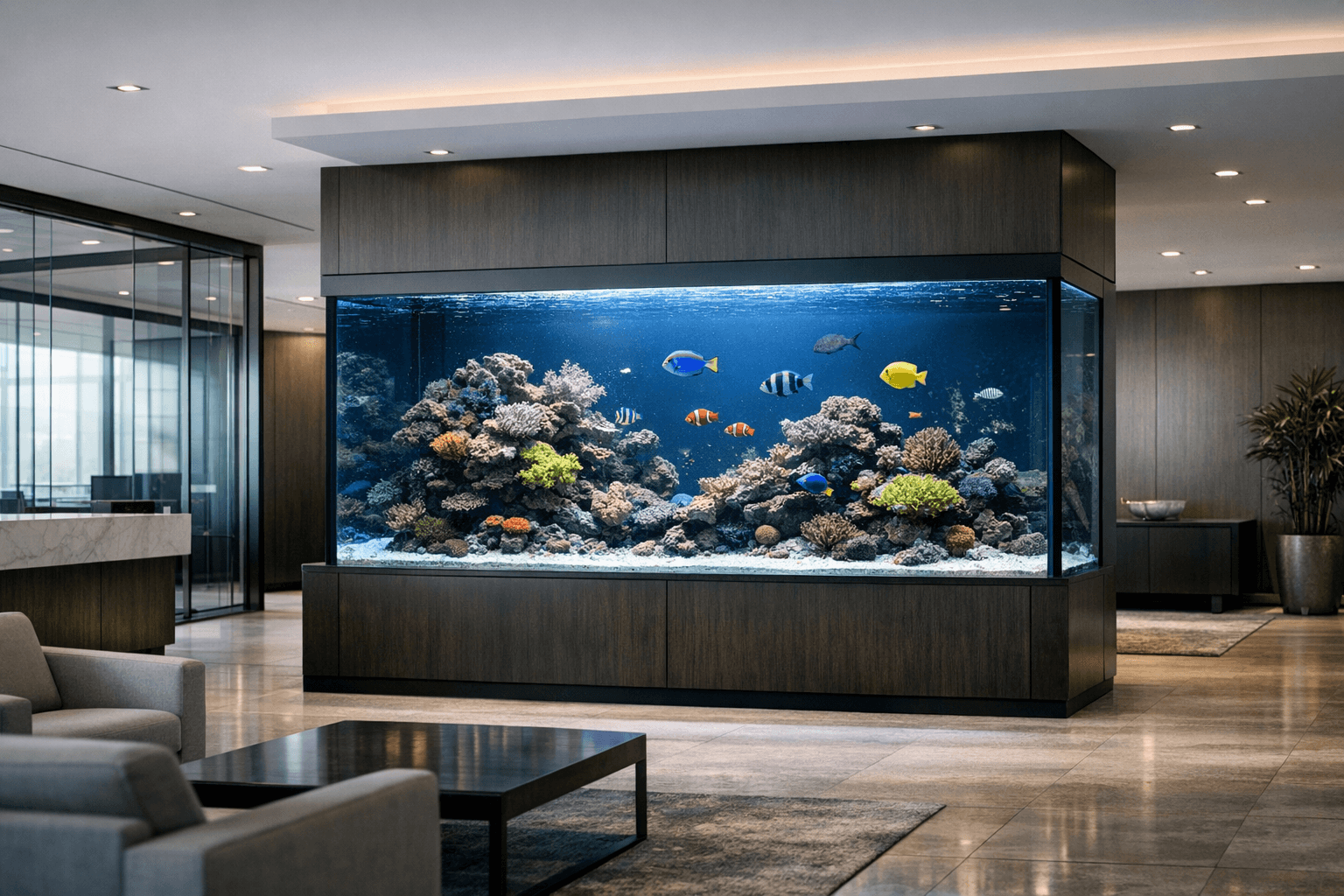 Large premium aquarium installed inside a modern office reception area