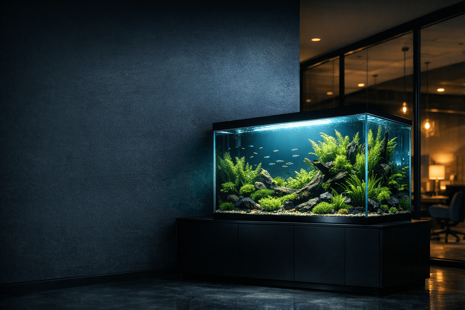 Modern planted aquarium glowing inside a dark office interior